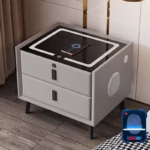 طاولة منضدة ذكية، منضدة مع درج قفل بصمة الإصبع، شحن لاسلكي/2 منفذ USB ومصابيح LED، طاولة جانبية لمكبر صوت بلوتوث مع أدراج تخزين لغرفة النوم وغرفة المعيشة، رمادي