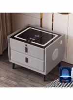 طاولة منضدة ذكية، منضدة مع درج قفل بصمة الإصبع، شحن لاسلكي/2 منفذ USB ومصابيح LED، طاولة جانبية لمكبر صوت بلوتوث مع أدراج تخزين لغرفة النوم وغرفة المعيشة، رمادي