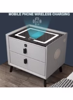 ⁦طاولة منضدة ذكية، منضدة مع درج قفل بصمة الإصبع، شحن لاسلكي/2 منفذ USB ومصابيح LED، طاولة جانبية لمكبر صوت بلوتوث مع أدراج تخزين لغرفة النوم وغرفة المعيشة، رمادي⁩ - الصورة ⁦3⁩