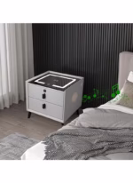 ⁦طاولة منضدة ذكية، منضدة مع درج قفل بصمة الإصبع، شحن لاسلكي/2 منفذ USB ومصابيح LED، طاولة جانبية لمكبر صوت بلوتوث مع أدراج تخزين لغرفة النوم وغرفة المعيشة، رمادي⁩ - الصورة ⁦2⁩