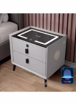 ⁦طاولة منضدة ذكية، منضدة مع درج قفل بصمة الإصبع، شحن لاسلكي/2 منفذ USB ومصابيح LED، طاولة جانبية لمكبر صوت بلوتوث مع أدراج تخزين لغرفة النوم وغرفة المعيشة، رمادي⁩ - الصورة ⁦7⁩